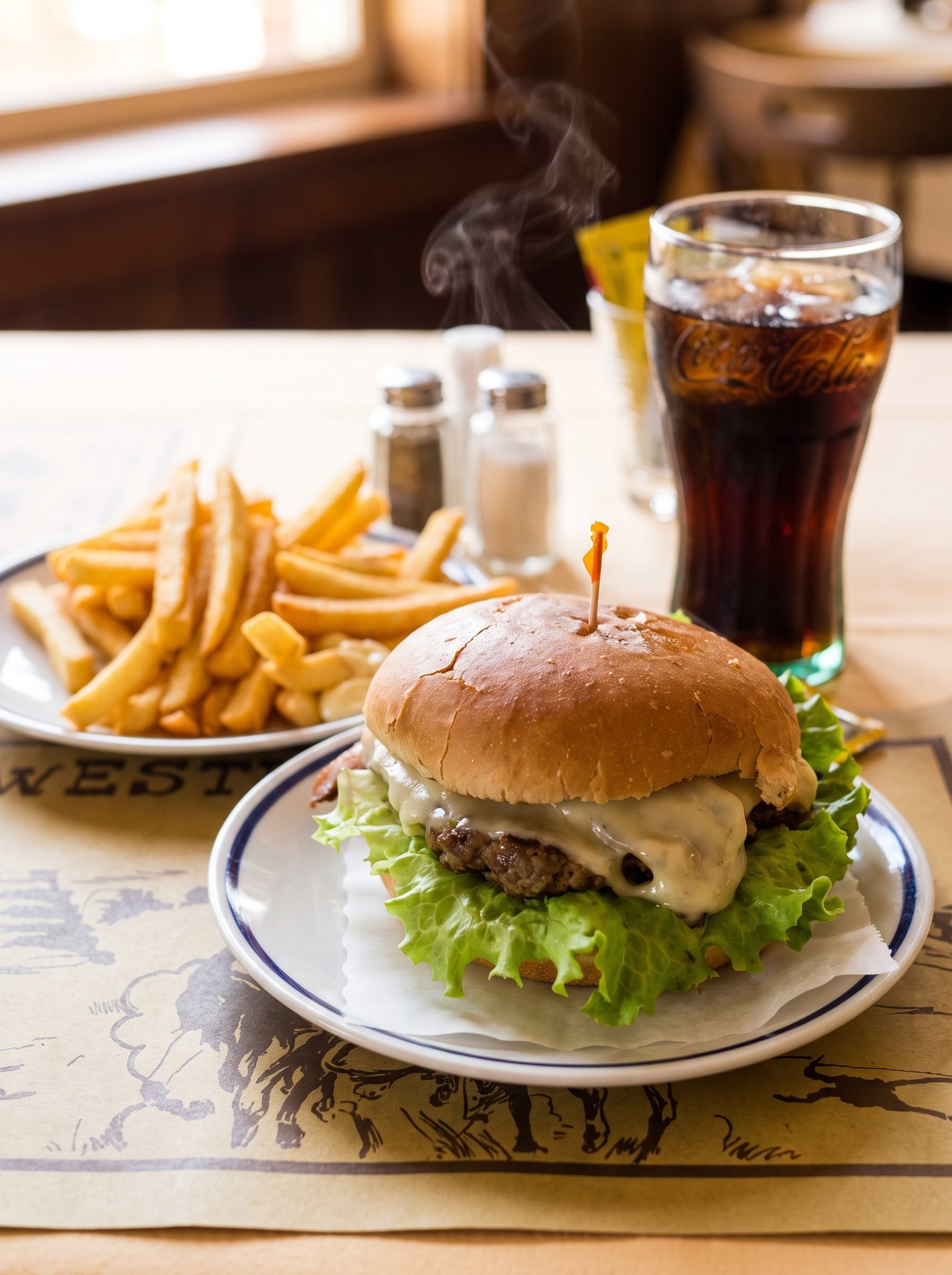 The house cheeseburger with fries and a Coke on the western-print placemat