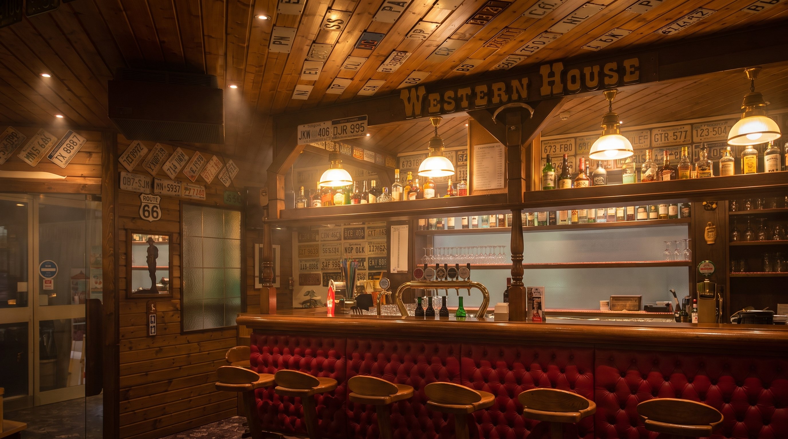 The Western House bar — license-plate ceiling, red tufted bar and gold saloon lettering