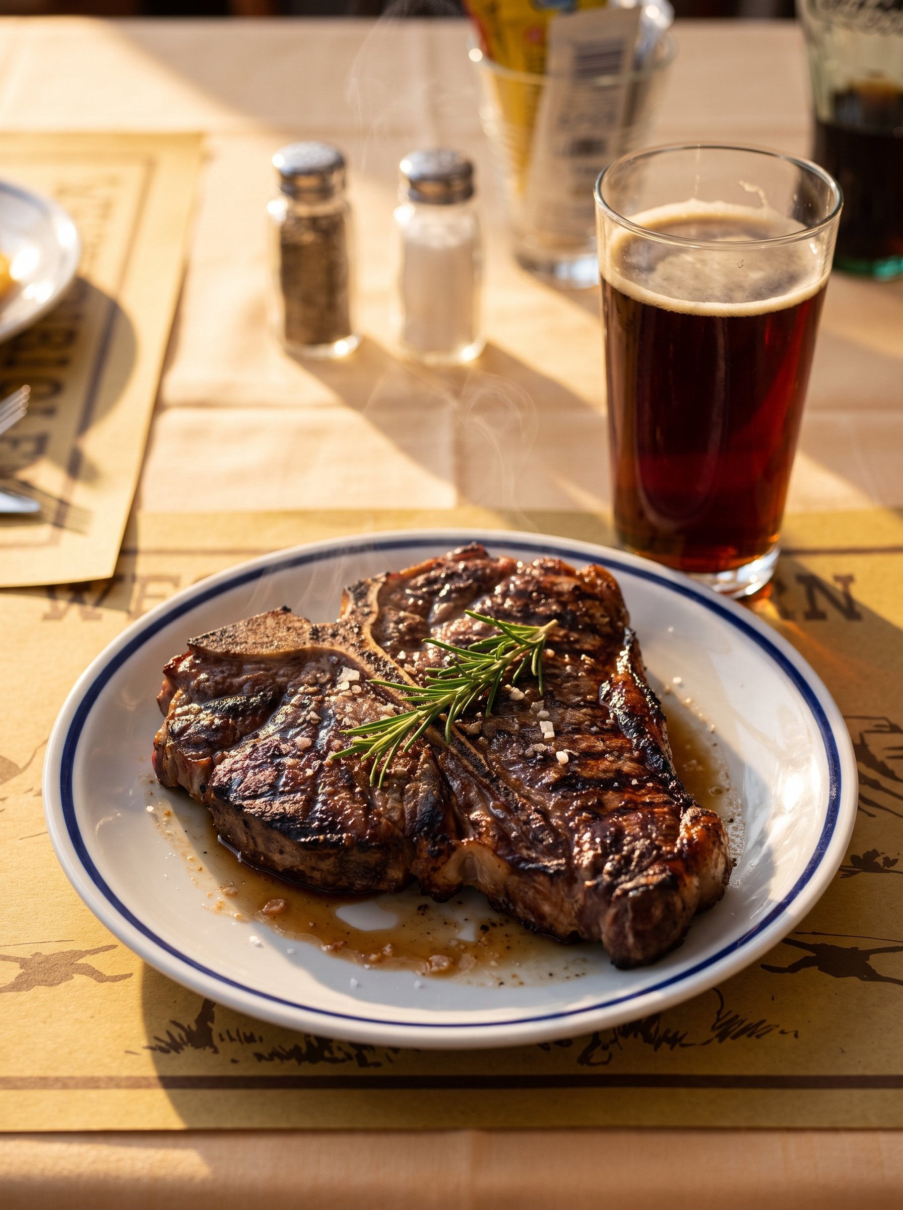 Grilled T-bone steak on the house blue-ring plate with a dark beer